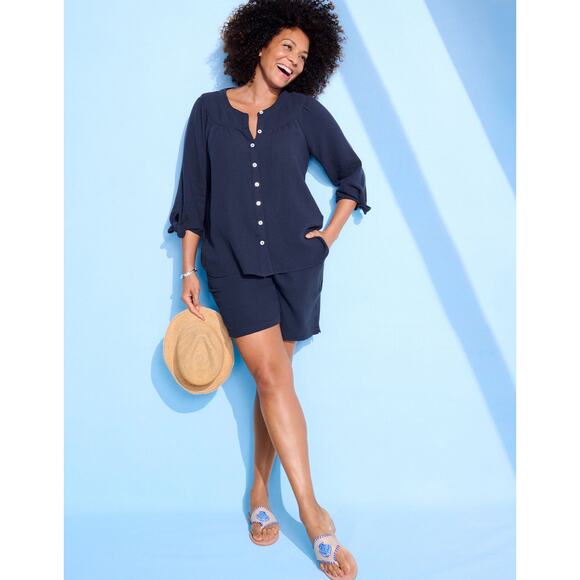Talbots Plus 1X Airy Gauze Tie Sleeve Top in Navy 3/4 Sleeve Button Front Summer - Picture 1 of 10